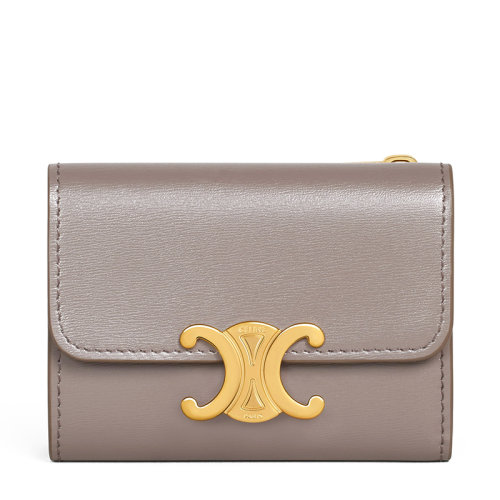 CELINE/賽琳 22新款TRIOMPHE系列 女士卵石灰小牛皮配可拆卸拉鏈卡夾二合一多功能錢包10I653DPV.10BL