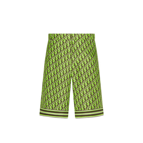 DIOR/迪奧 22年早春新款 男士熒光綠色/卡其色桑蠶絲斜紋面料老花印花短褲013C121A4751_C686
