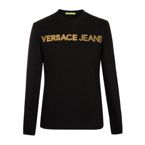 VERSACE JEANS/范思哲牛仔 男士黑色棉質經典字母徽標印花裝飾圓領長袖上衣T恤運動衫套頭衫 B3GSA76E-30134-Y6A