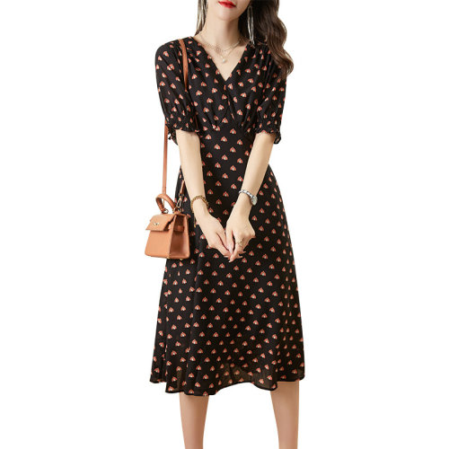 GeleiStory/GeleiStory 新款法式茶歇裙V領(lǐng)連碎花中長裙 女士連衣裙