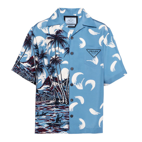 PRADA/普拉達  Double Match系列 男士淺紫光藍色海灘和白云印花絲質(zhì)短袖襯衫UCS406_1ZVK_F0237_S_212