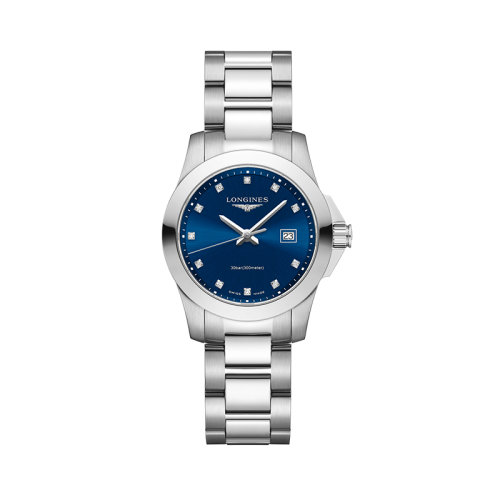 LONGINES/浪琴  康卡斯系列精鋼藍(lán)色表盤刻度鑲鉆女士石英機(jī)芯腕表29.50毫米L3.376.4.97.6
