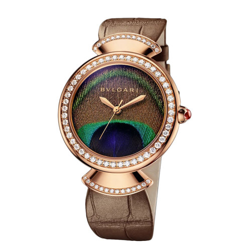 BVLGARI/寶格麗 DIVAS'DREAM 內(nèi)部機(jī)械機(jī)芯 自動(dòng)上鏈 18K金玫瑰金表殼和表圈 表盤飾有孔雀羽毛自然而有光澤的米色鱷魚皮表帶 37毫米103139