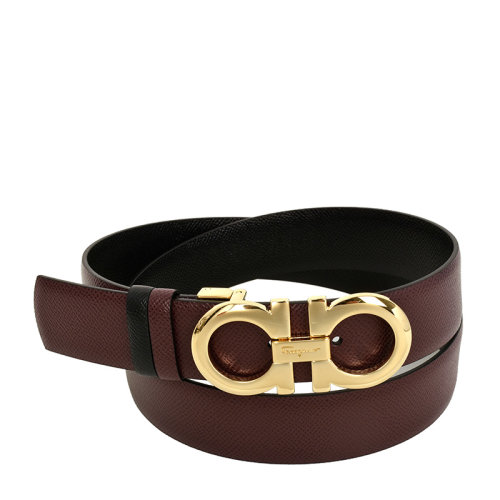 Salvatore Ferragamo/菲拉格慕 女士雙面黑色酒紅色皮革休閑時(shí)尚銅色雙扣皮帶腰帶