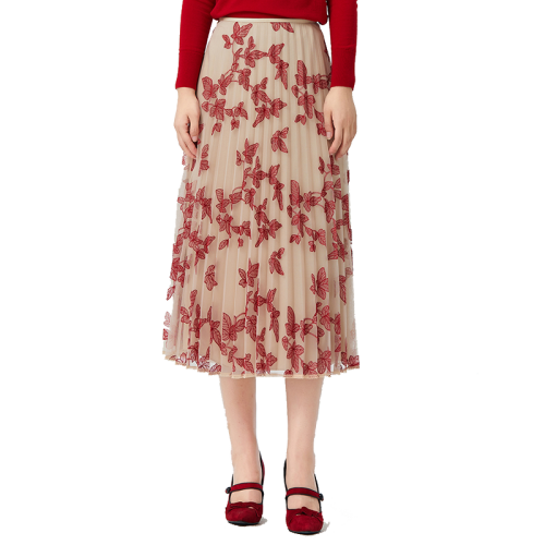 HUI/卉21年秋冬新品 滿庭楓葉意大利進口網(wǎng)布繡花中間層蠶絲百搭優(yōu)雅女士半身裙HR41A01458