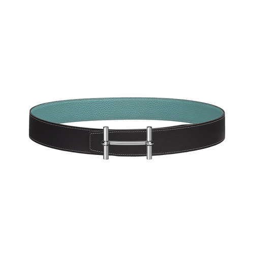 HERMES/愛(ài)馬仕 H系列 石墨/天空藍(lán)色荔枝紋小牛皮 男士雙面銀扣皮帶38毫米H077938CK05/H077971CAAL090