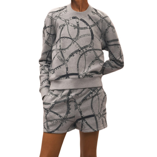 HERMES/愛馬仕 22年秋冬新款 女士鋼灰色棉質混紡Trésor de Médor印花抓絨運動衫衛(wèi)衣H2H4609DKP934