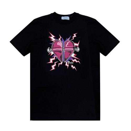 PRADA/普拉達(dá)  圓領(lǐng) 女性 印花 黑色 女士短袖T恤 35838.1U3F_D2P NERO+FUXIA