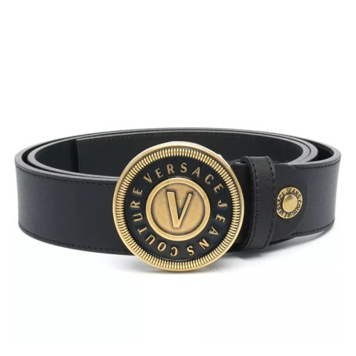 VERSACE JEANS/范思哲牛仔  男士黑色皮革時尚經(jīng)典V字徽標皮帶腰帶  ED8YWAF14-E71627-E899