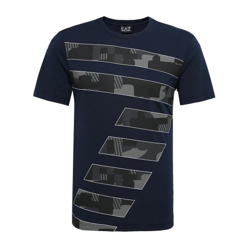 Emporio Armani/安普里奧阿瑪尼 時(shí)尚休閑深藍(lán)色圓領(lǐng)條紋印花LOGO男士短袖T恤 3ZPT88PJM9Z1554