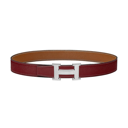 HERMES/愛(ài)馬仕 H系列 紅色/金色荔枝紋小牛皮 男士雙面銀扣皮帶32毫米H064550CK05/H075394CAAC090