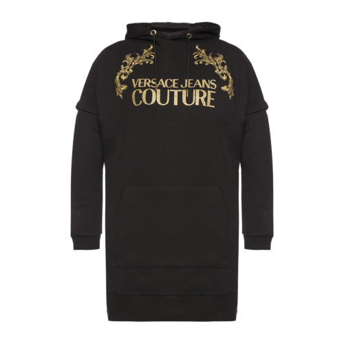 VERSACE JEANS/范思哲牛仔 女士黑色棉質(zhì)混紡滌綸經(jīng)典字母徽標(biāo)印花裝飾長袖連帽連衣裙衛(wèi)衣裙 B6HUB782-30282-899