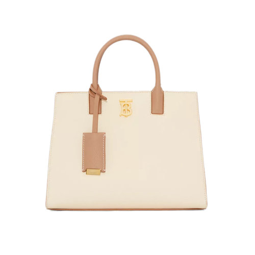 BURBERRY/博柏利 22新款 女士駝色/深棕褐色雙色拼接粒面皮革開蓋磁扣開合皮革提手拆卸調(diào)節(jié)肩帶字母拋光金屬配件單肩斜挎手提包80596301