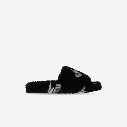  BALENCIAGA巴黎世家 22年春夏 女士 平底涼鞋 Womens Furry Slide Sandal Allover Logo in Bla