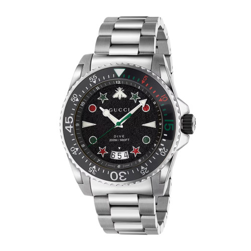 GUCCI/古馳  Dive系列 男女同款黑色表盤(pán)石英機(jī)芯精鋼表殼和表鏈腕表45毫米663940I16X08489