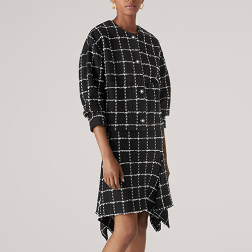 St.John/盛薔女士黑白睫毛紗格紋短款針織女士夾克外套K6110L3