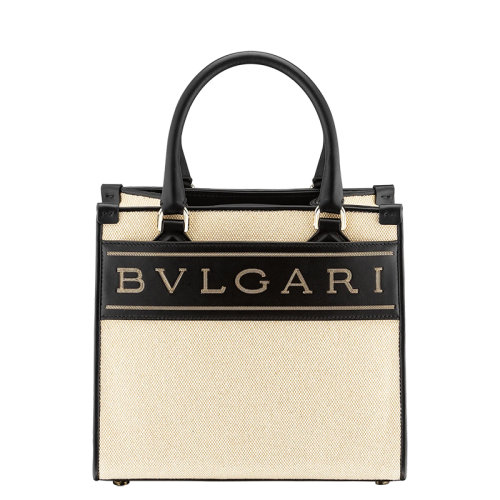 BVLGARI/寶格麗  男女同款小號米色帆布黑色小牛皮徽標(biāo)單肩斜挎手提托特包290999