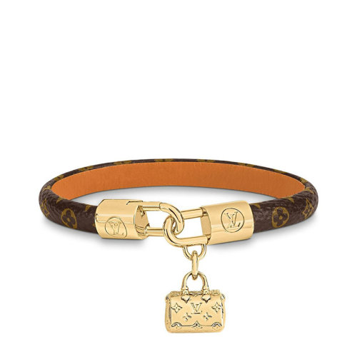 Louis Vuitton/路易威登 經(jīng)典款SPEEDY CHARM系列 烏木色老花帆布飾金扣徽標(biāo)壓印金鎖吊飾手鏈?zhǔn)骤CM8031E