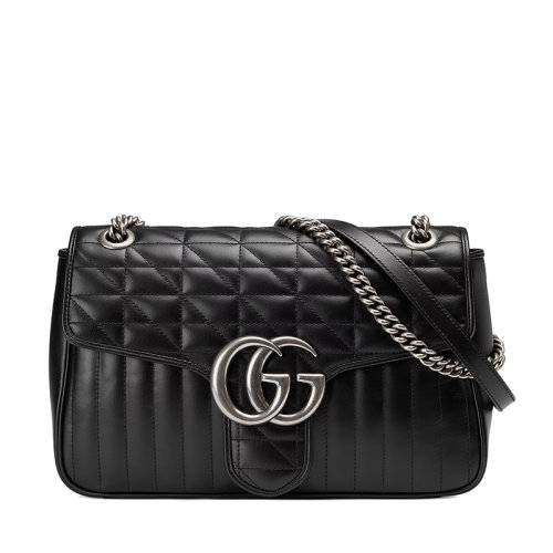 GUCCI/古馳  GG Marmont系列 女士中號(hào)黑色絎縫皮革復(fù)古銀飾雙G鏈條斜挎單肩手提包443496UM8AN1000