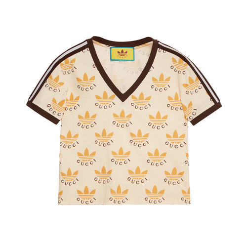 GUCCI/古馳 22年秋冬新款 adidas聯(lián)名系列 女士象牙白色純棉聯(lián)名Logo老花圖案V領(lǐng)短袖T恤?693539XJEBY9039