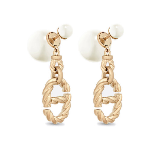 DIOR/迪奧 22新款 女士金色飾面金屬配白色樹脂珠麻花形狀字母耳環(huán)E2133WOMRS_D301