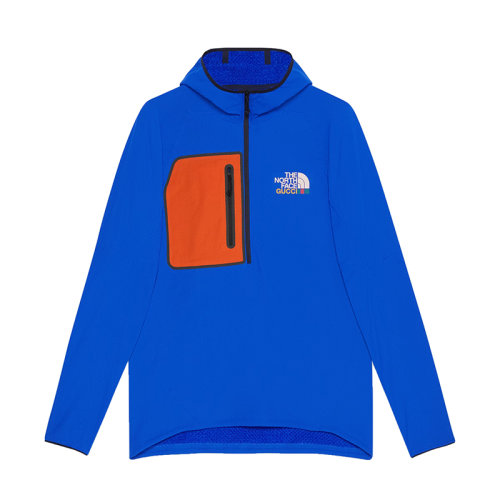 GUCCI/古馳 22秋冬款 The North Face聯(lián)名系列 男士藍(lán)色滌綸飾有彩色LOGO圖案橙色胸帶連帽運(yùn)動(dòng)毛衣?663909ZM0C14394