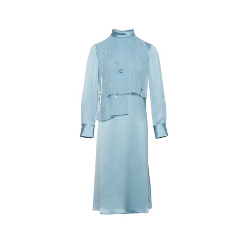 HUI/卉 女士連衣裙20秋季新品水綠色立領(lǐng)連衣裙刺繡搭片設(shè)計(jì)中長(zhǎng)裙