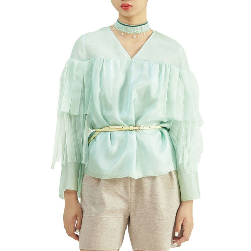 nisiss/怡夕飄帶飾拼接V領(lǐng)上衣女裝定制n181af07-171