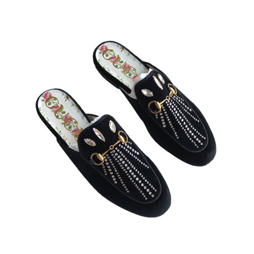 Gucci 古馳  女士黑色絲絨穆勒拖鞋 水晶鑲嵌