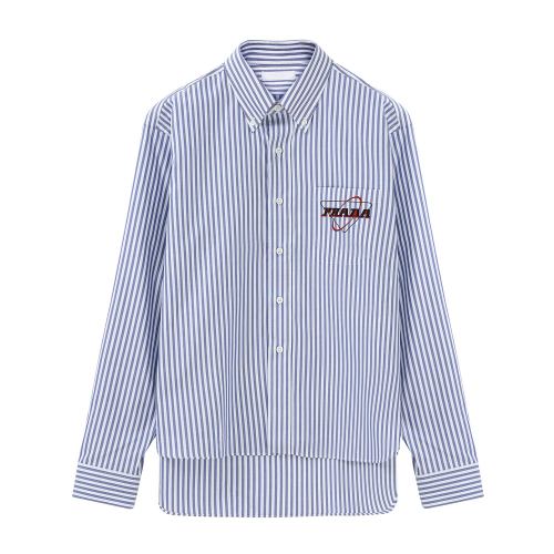 PRADA/普拉達(dá) 藏藍(lán)色 男士品牌標(biāo)識(shí)印花條紋長(zhǎng)袖襯衫 UCN274_1WD9_F0216_S_201