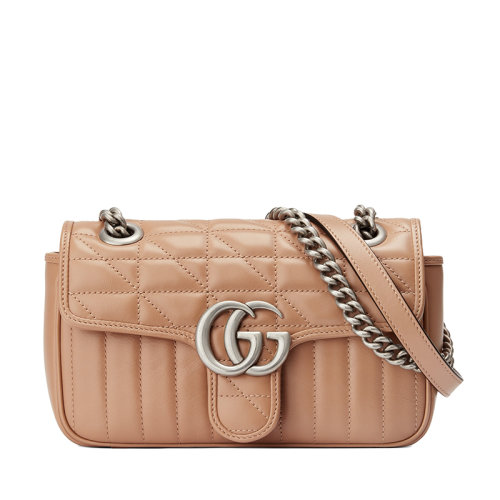 GUCCI/古馳  GG Marmont系列 女士迷你玫瑰米色絎縫皮革復(fù)古銀飾雙G翻蓋斜挎單肩鏈條包446744UM8AN2754