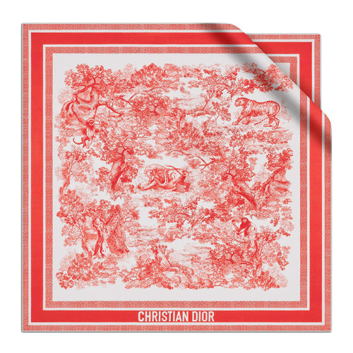 DIOR/迪奧 22年春夏新款 女士象牙色和紅色Toile de Jouy Sauvage圖案真絲斜紋布方巾頭巾圍巾15JOU090I602_C306