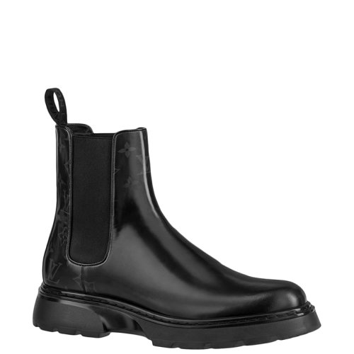 Louis Vuitton/路易威登 22年早春新款 LV BOLD系列 男士黑色釉面小牛皮老花暗花切爾西靴短靴1A9FDZ