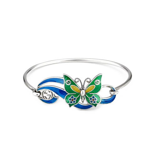 GUCCI/古馳 22春夏新款 925純銀飾互扣式鉤扣雙G綠藍黃三色琺瑯蝴蝶藍色手鐲679875J84108521