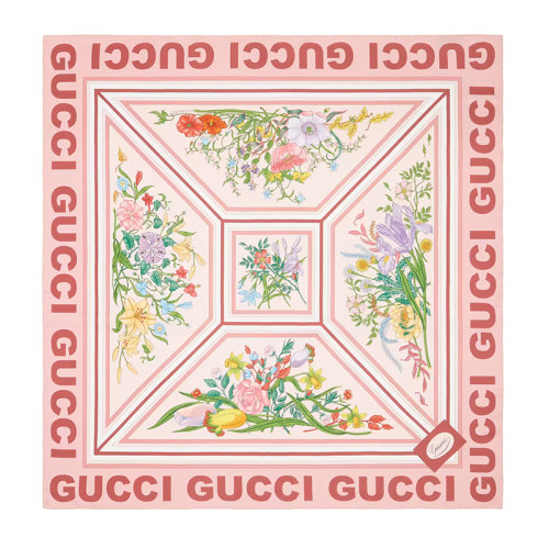 GUCCI/古馳 22年春夏新款 女士粉色真絲花卉印花方巾圍巾絲巾6914553G0015800