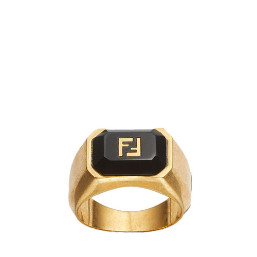 FENDI/芬迪  FF系列 男士復(fù)古金色飾面金屬黑色寶石FF圖案戒指 7AJ527F1NF1F0V