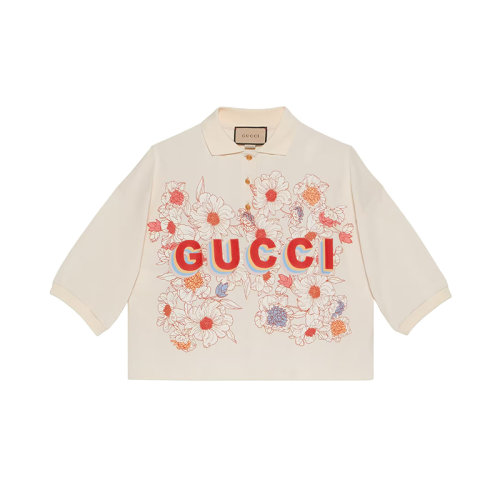 GUCCI/古馳 22年秋冬新款 Lovelight系列 女士米白色純棉花卉印花七分袖Polo衫709394XJERO9150