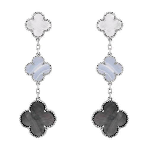 Van Cleef & Arpels/梵克雅寶 經(jīng)典Magic Alhambra系列 18k金白金白色灰色珍珠母貝玉髓3四葉草耳墜耳環(huán)VCARN18800