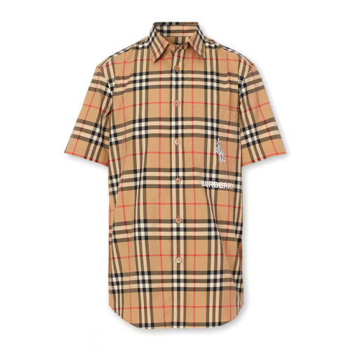 BURBERRY 博柏利 巴寶莉 男士 服裝  駝色棉質(zhì)斑馬圖案字母LOGO格紋短袖襯衫 男士短袖襯衫