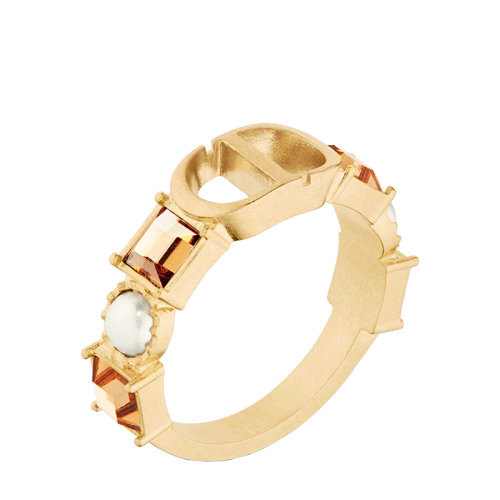 Dior/迪奧 22春夏新款PETIT CD系列 女士金色飾面金屬白色樹脂珠飾和香檳色透明水晶裝飾CD戒指 R1193PTCCY_D02O