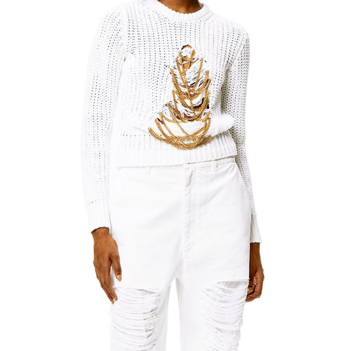 LOEWE/羅意威 22年秋冬新款 女士牛軟白色系工刺繡金鏈羅紋麻和亞麻針織圓領毛衣S359Y14KAD-1950