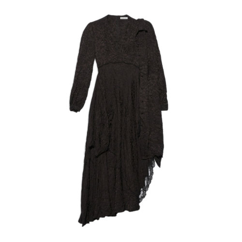 Balenciaga/巴黎世家 女士黑色粘膠纖維花卉提花裝飾不對(duì)稱(chēng)底線(xiàn)背面拉鏈連衣裙女裙 658868-TKO15-1000