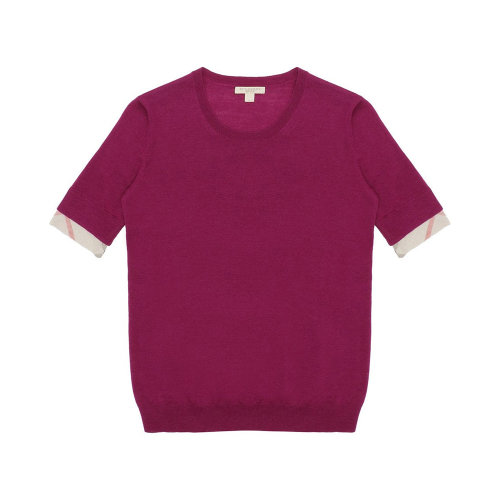 BURBERRY/博柏利 女士紫紅色羊毛格紋裝飾短袖T恤3945857