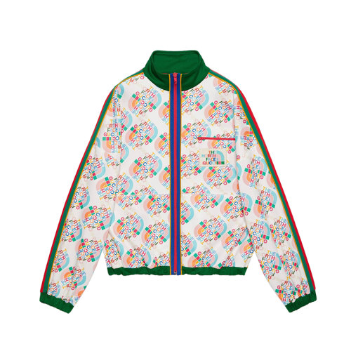 GUCCI/古馳 22秋冬款 The North Face聯(lián)名系列 女士多色滌綸/棉混紡飾有彩色印花LOGO圖案手臂紅綠條紋彈性袖口拉鏈口袋針織夾克?673975XJDVH9275
