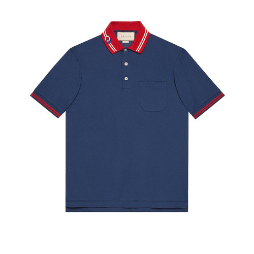 GUCCI/古馳 22年春夏新款 男士藍(lán)色/紅色棉質(zhì)混紡互扣式雙G刺繡短袖Polo衫658067XJDI24714
