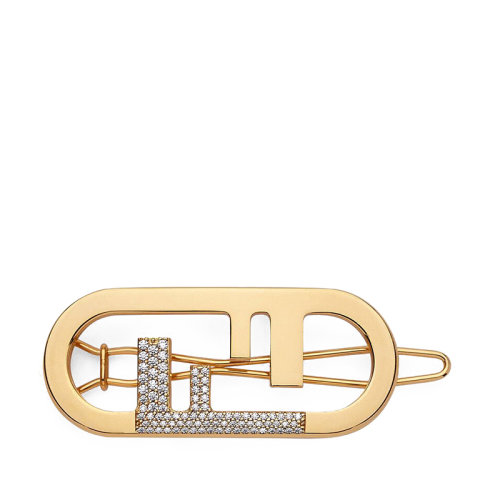 FENDI/芬迪  O’LOCK系列 金色金屬Fendi O'Lock圖案白色水晶發(fā)夾8AH325A44GF089U