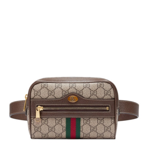 GUCCI 古馳   Ophidia系列走秀款 蔡依林同款 女士棕色帆布/配皮雙G小號時尚胸包腰包 腰帶長可選