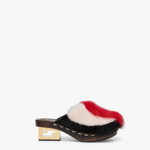  FENDI芬迪 22年秋冬 女士 中跟涼鞋 紅色狐貍皮草中跟木底鞋 8Z8388ALJ1F1JFY