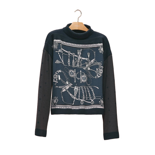 HERMES/愛(ài)馬仕 22年秋冬新款 女士堇青石藍(lán)色羊絨和真絲混紡印花長(zhǎng)袖針織衫毛衣H2H2827DS0I34