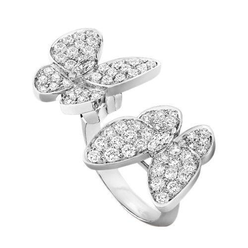 Van Cleef & Arpels/梵克雅寶 經(jīng)典Deux Papillons系列 18k金白金鑲嵌鉆石兩只蝴蝶開口戒指指環(huán)VCARO61900